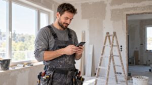 Handwerker auf einer Baustelle beantwortet auf dem Smartphone eine Kundenanfrage per WhatsApp