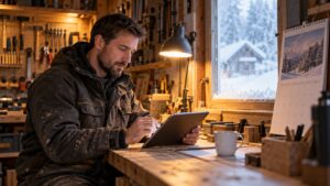 Handwerker plant im Winter in seiner Werkstatt am Tablet die Aufträge für die nächsten Monate